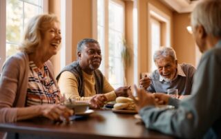 A group of senior friends socializing and playing cards